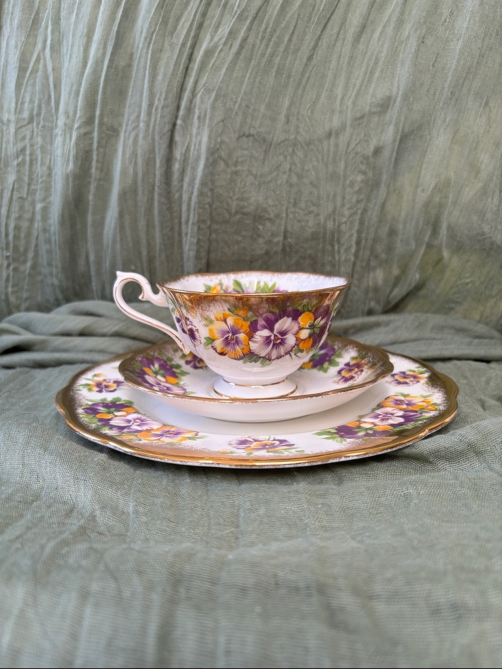 Vintage Royal Albert Purple & Yellow Pansy Tea Cup, Saucer & Plate Set